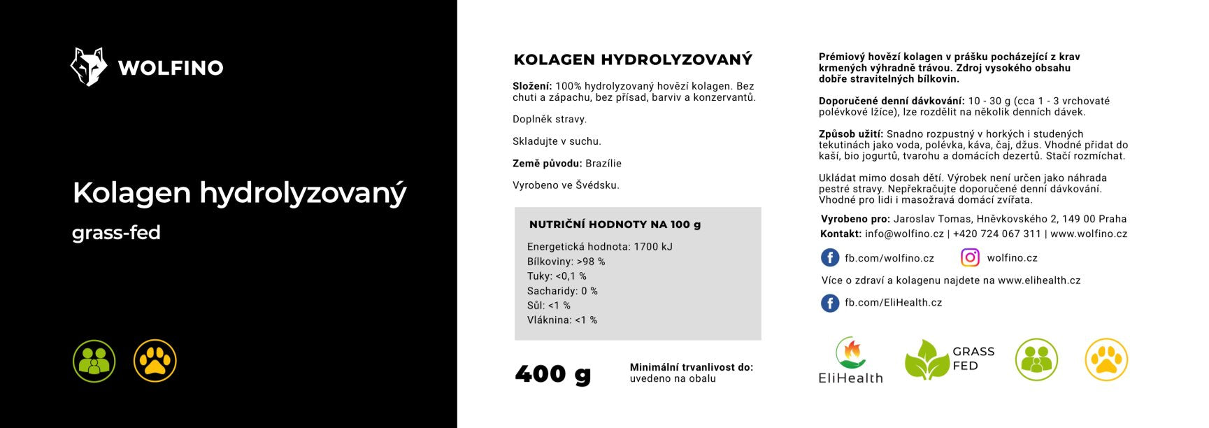 Hydrolyzovaný Kolagen Wolfino, Grass Fed, 400g