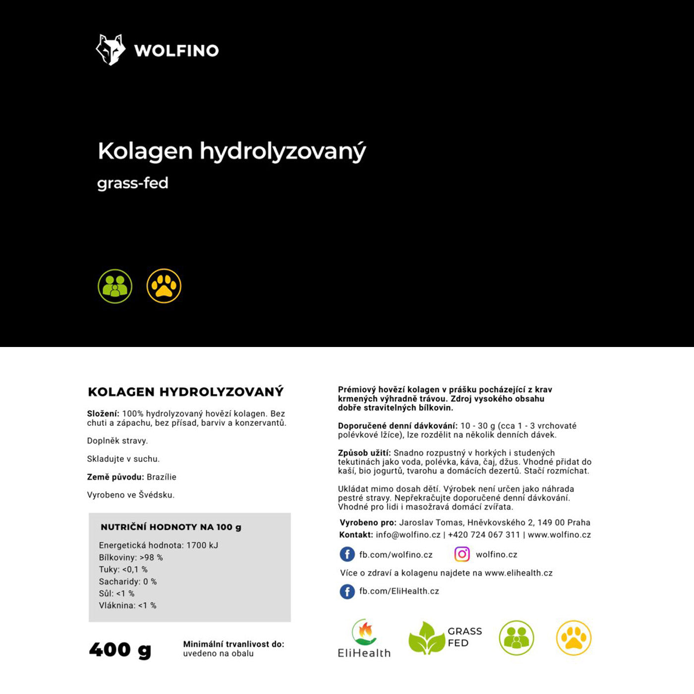 Hydrolyzovaný Kolagen Wolfino, Grass Fed, 400g